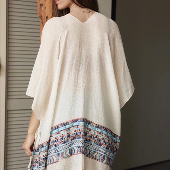 Embroidery Trim Kimono With Tassels In Ivory - Picture 2 of 2